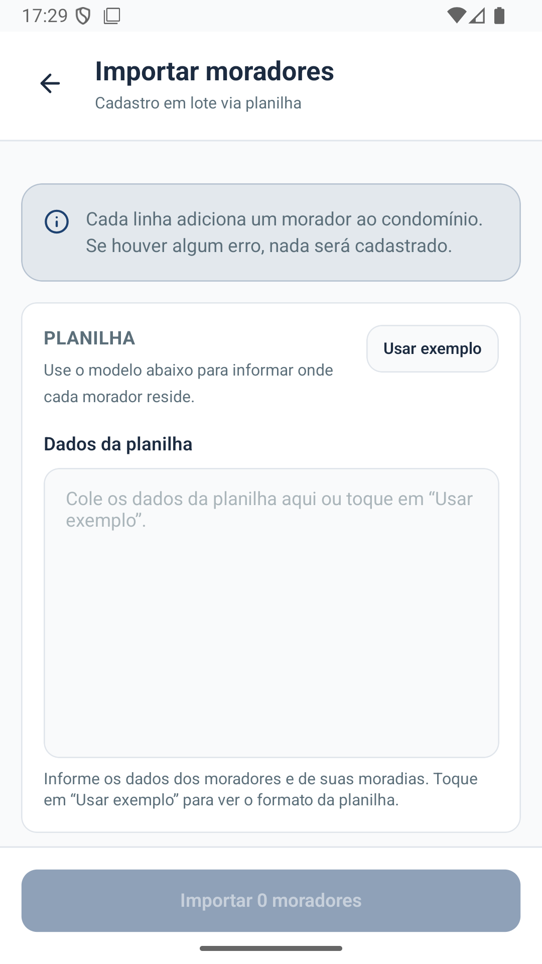Importar moradores por planilha: cada linha adiciona um morador